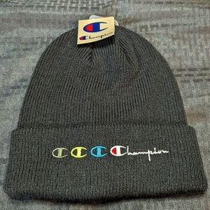 Black Champion Logo Chunky Ribbed Unisex Beanie with Cuff.